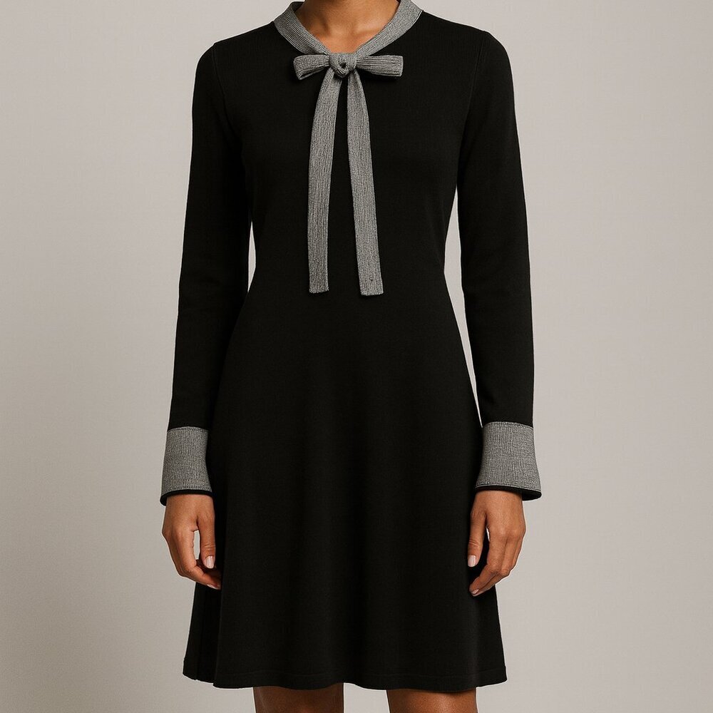 Nanette Lepore Black Tie Neck Sweater Dress Sz M